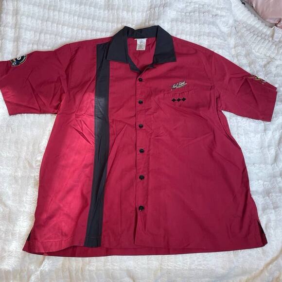 DISNEY Large Pool‎ Bowing Shirt Button Up Vintage Mickey Goofy Red Black Retro - Picture 1 of 7